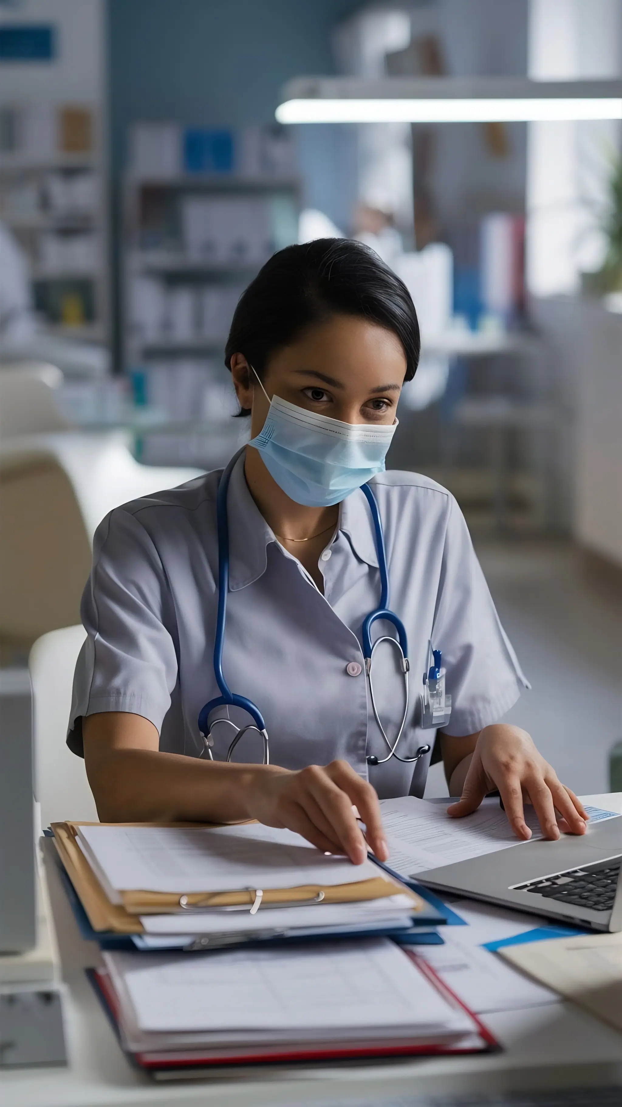 Medical administration assistant working at a healthcare reception desk